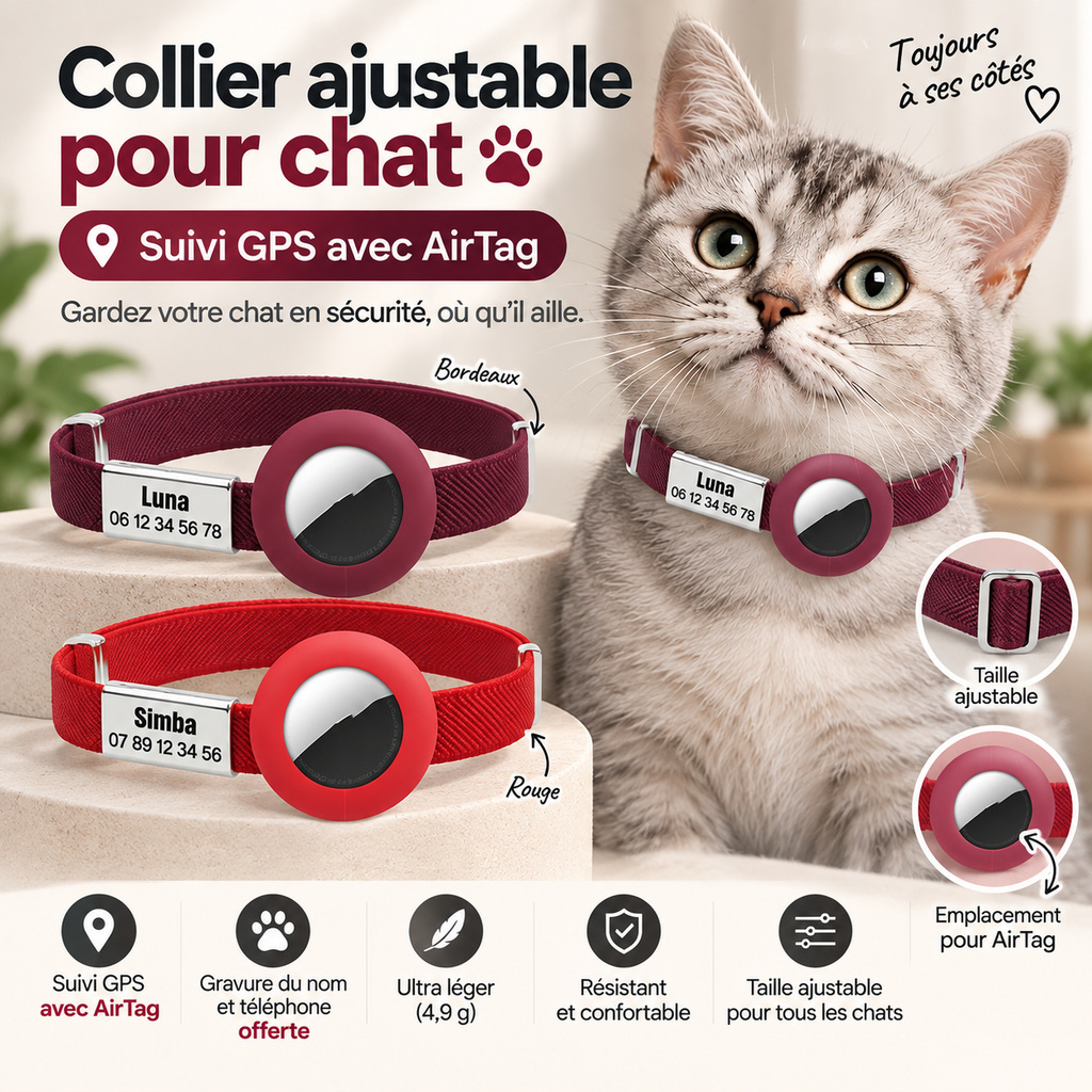 Collier personnalisé pour chat avec support AirTag